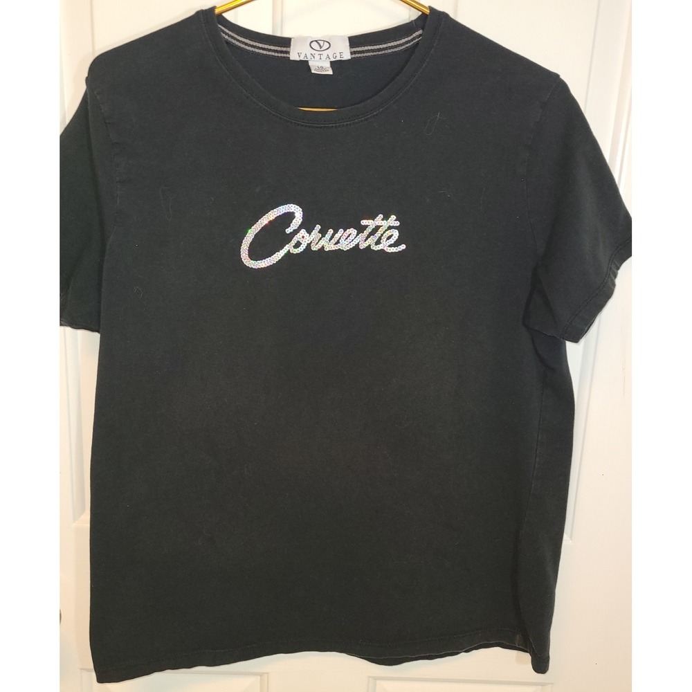 Corvette Women's Tshirt w/ Sewn Sequin Short Sleeve T-Shirt Black Large